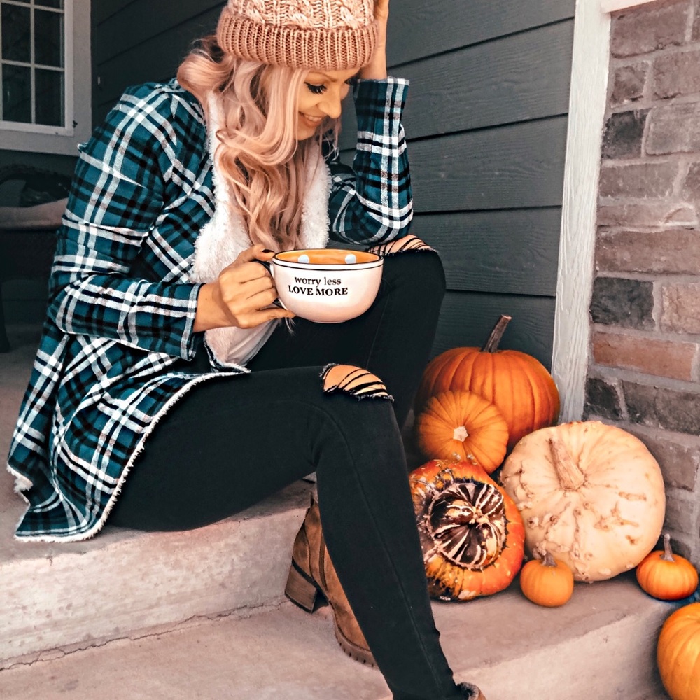 Fur Lined Plaid Coat in Blue